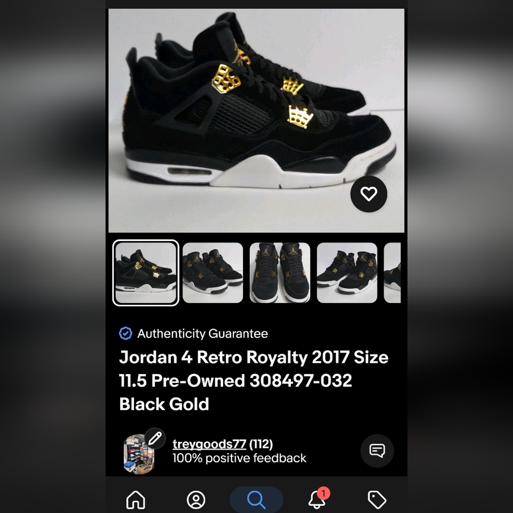 Jordan 4 Retro Royalty 2017 Size 11.5 Pre-Owned 308497-032 Black Gold - Picture 15 of 15
